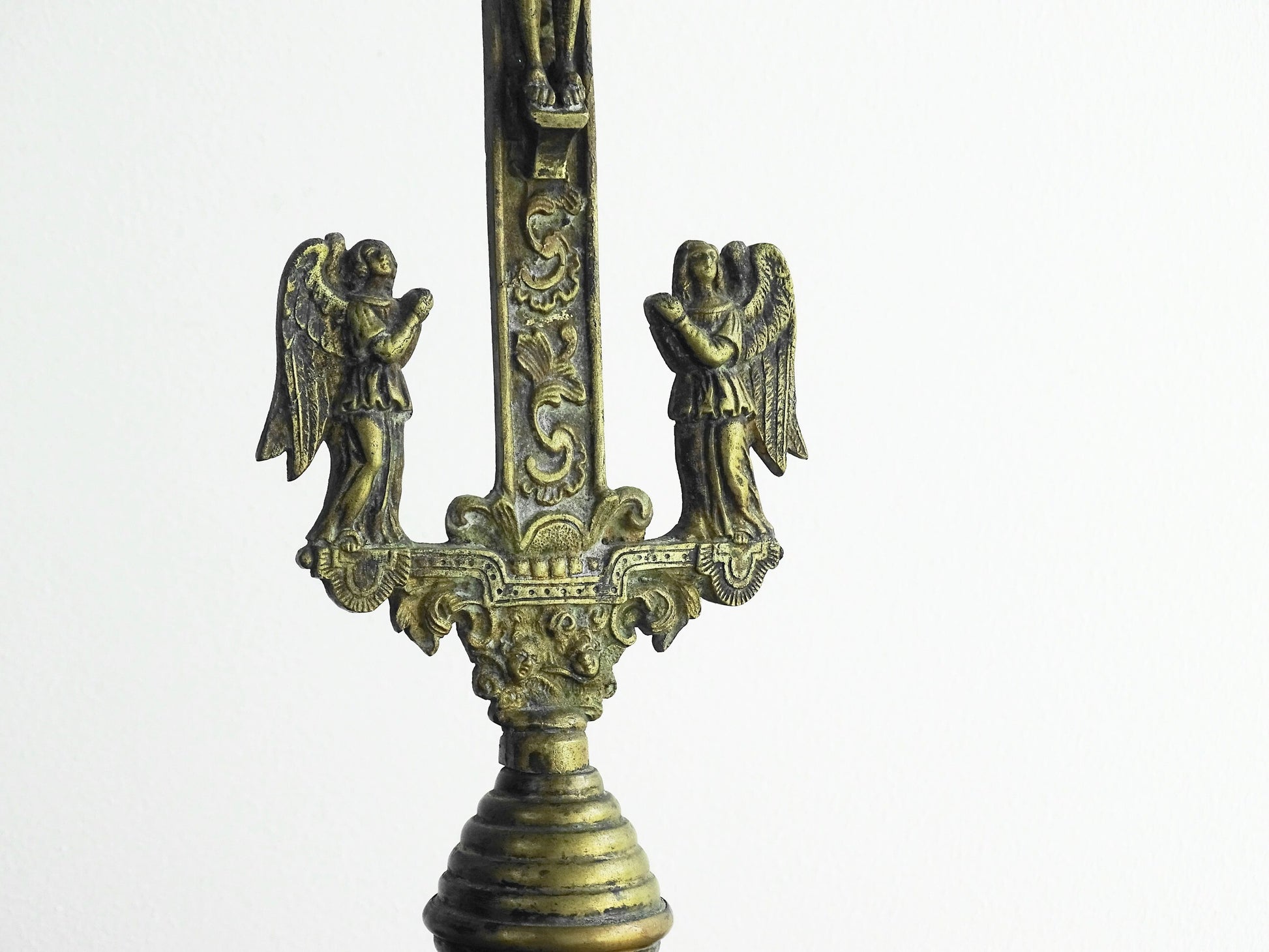 French antique brass altar cross 18th century, antique crucifix with ornate details. Brass altar crucifix with angels. 