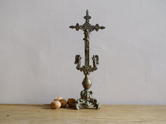 French antique brass altar cross 18th century, antique crucifix with ornate details. Brass altar crucifix with angels. 