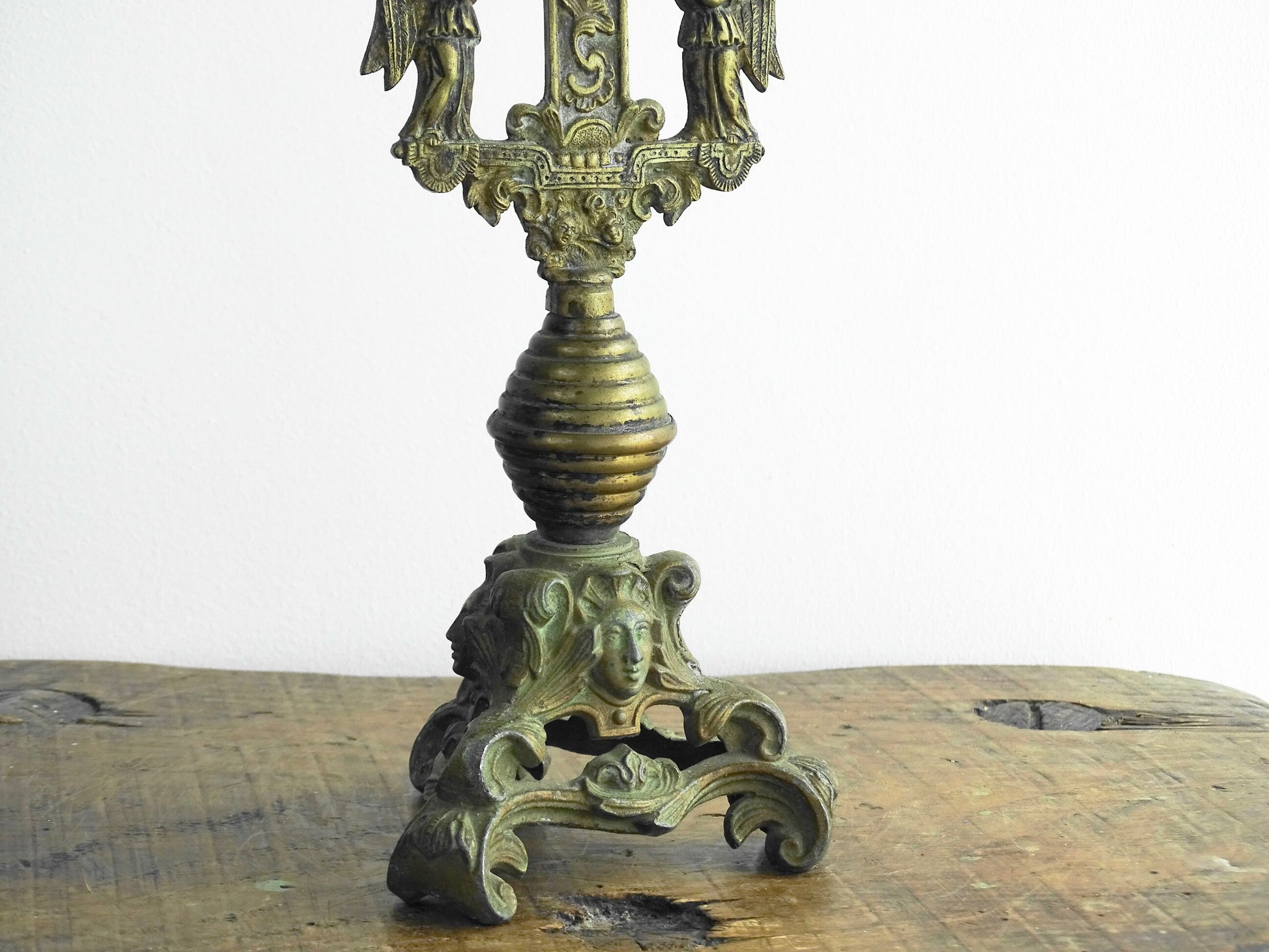 French antique brass altar cross 18th century, antique crucifix with ornate details. Brass altar crucifix with angels. 