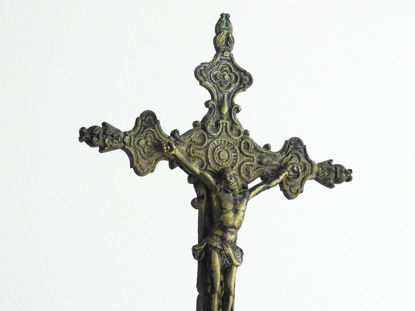 French antique brass altar cross 18th century, antique crucifix with ornate details. Brass altar crucifix with angels. 