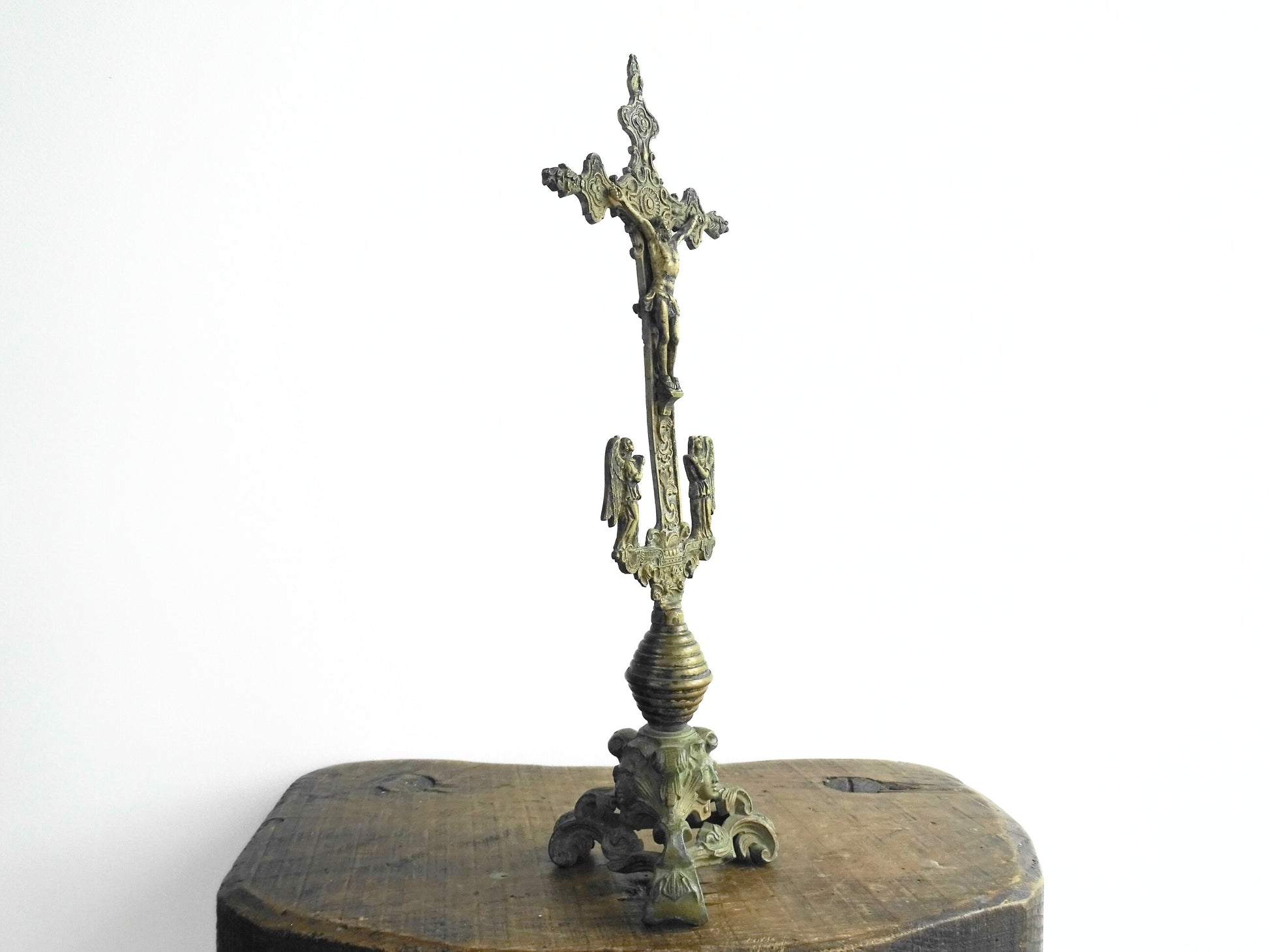 French antique brass altar cross 18th century, antique crucifix with ornate details. Brass altar crucifix with angels. 