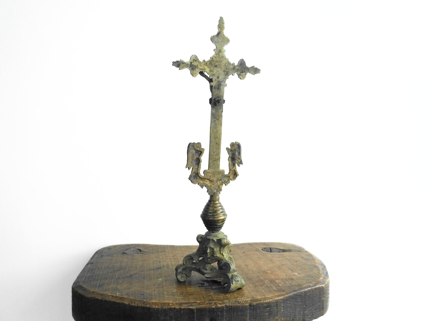 French antique brass altar cross 18th century, antique crucifix with ornate details. Brass altar crucifix with angels. 