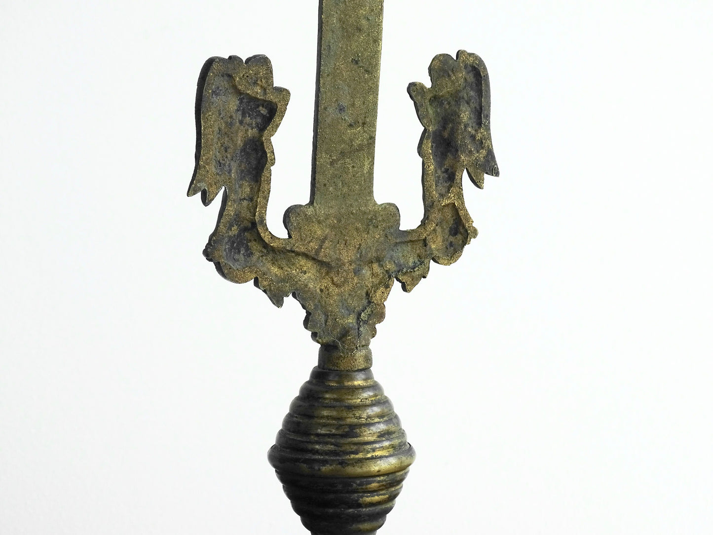 French antique brass altar cross 18th century, antique crucifix with ornate details. Brass altar crucifix with angels. 