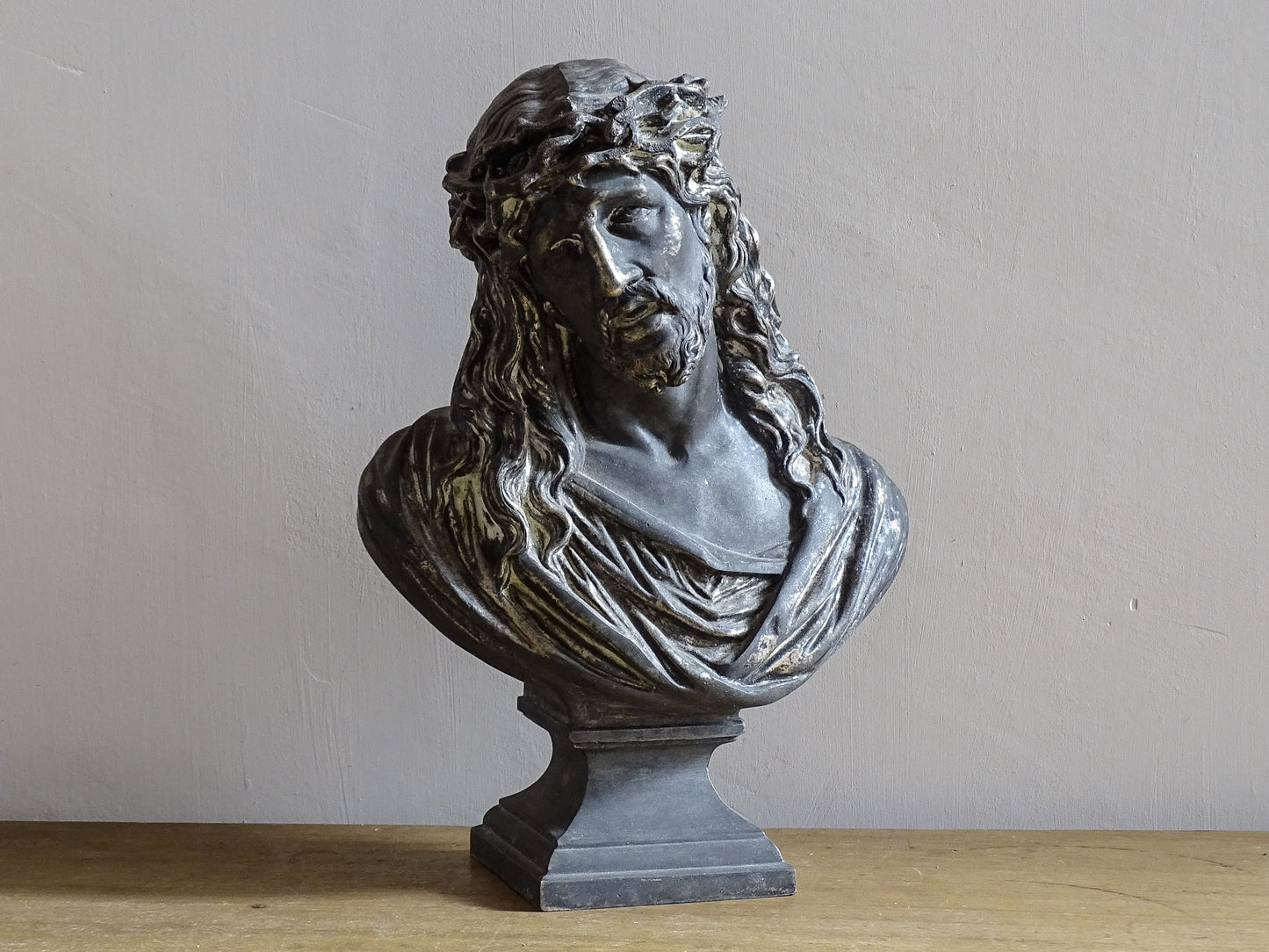 French antique spelter bust of Jesus Christ with the crown of thorns. 19th century antique bust.