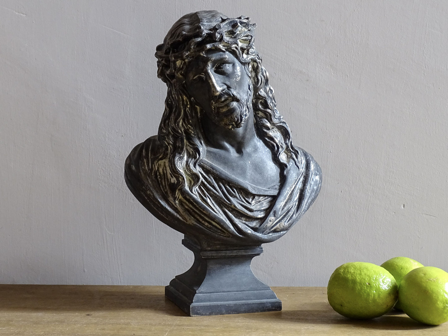 French antique spelter bust of Jesus Christ with the crown of thorns. 19th century antique bust.
