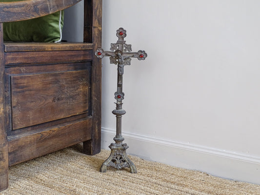 French antique altar cross with red stone cabochon details. Standing crucifix with ornate detailing.