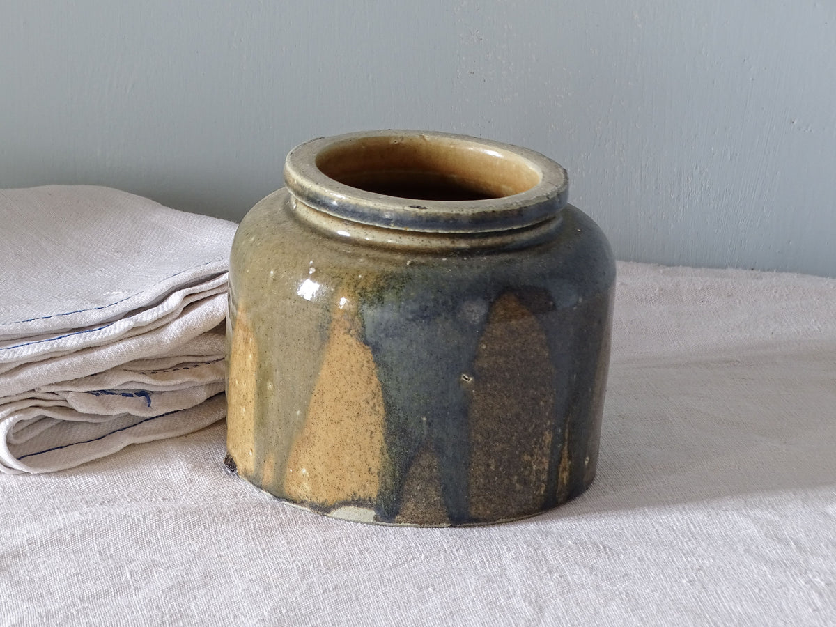 French vintage stoneware pot with blue drip glaze
