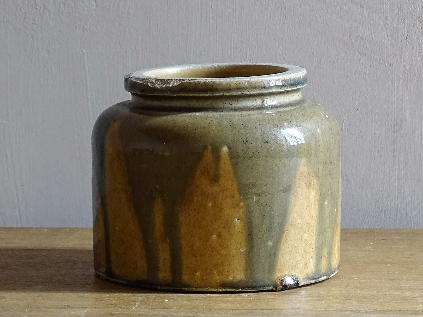 Small French vintage stoneware pot with drip glaze