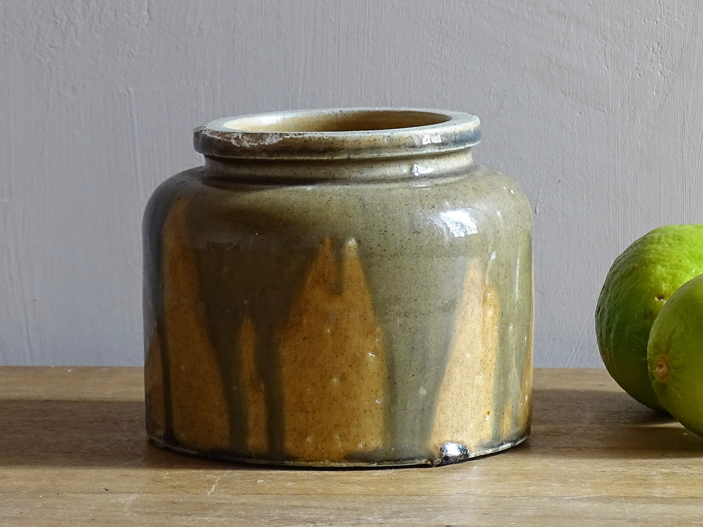 Small French vintage stoneware pot with drip glaze