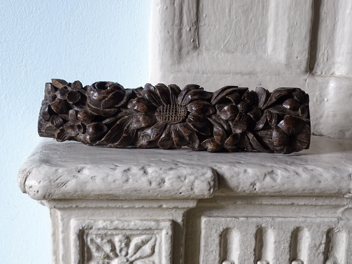 Antique French wooden panel carving with sunflowers