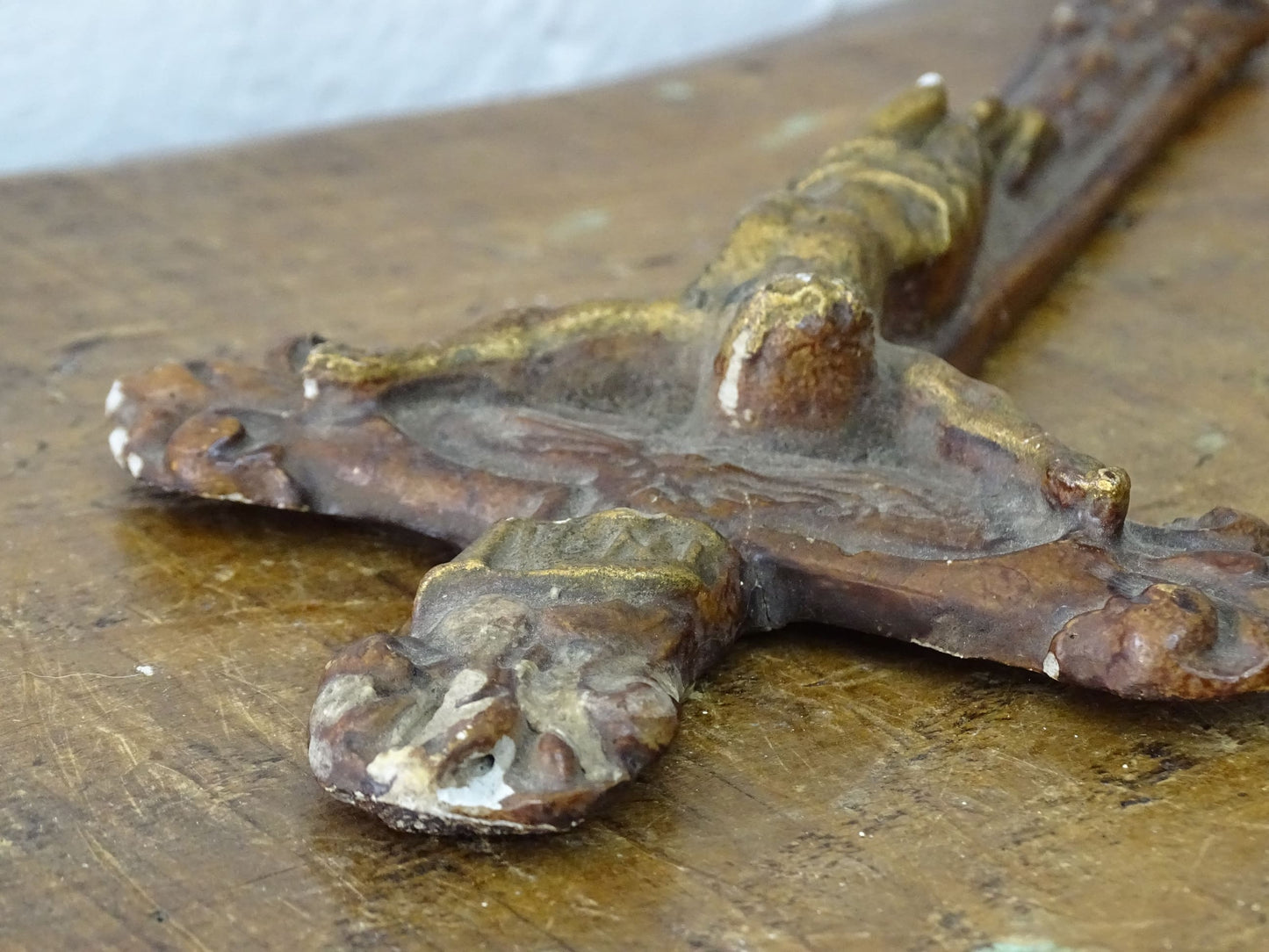 Small Antique French Crucifix in Wood and Plaster Gold Painted