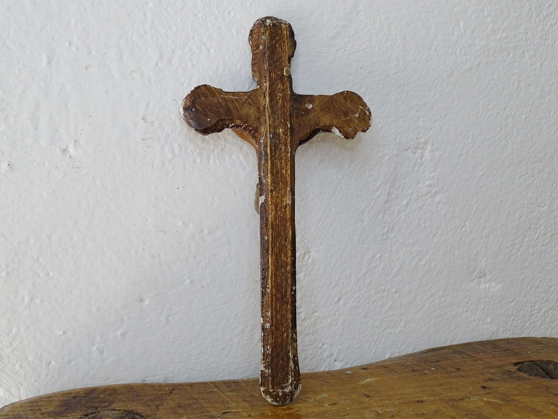 Small Antique French Crucifix in Wood and Plaster Gold Painted