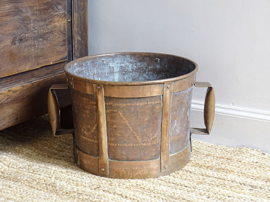 French antique hammered copper bucket or ferrat with aged patina and side handles