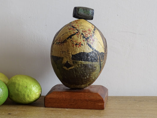 Vintage Coconut Souvenir Trinket Box with a Painted Beach Scene