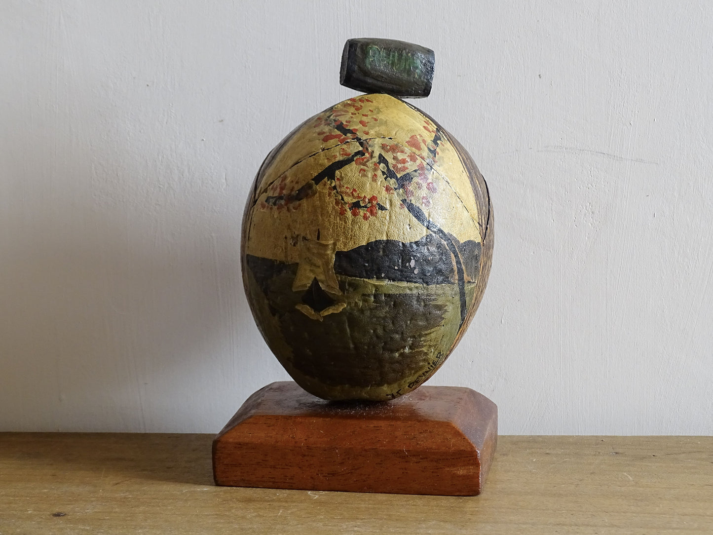 Vintage Coconut Souvenir Trinket Box with a Painted Beach Scene