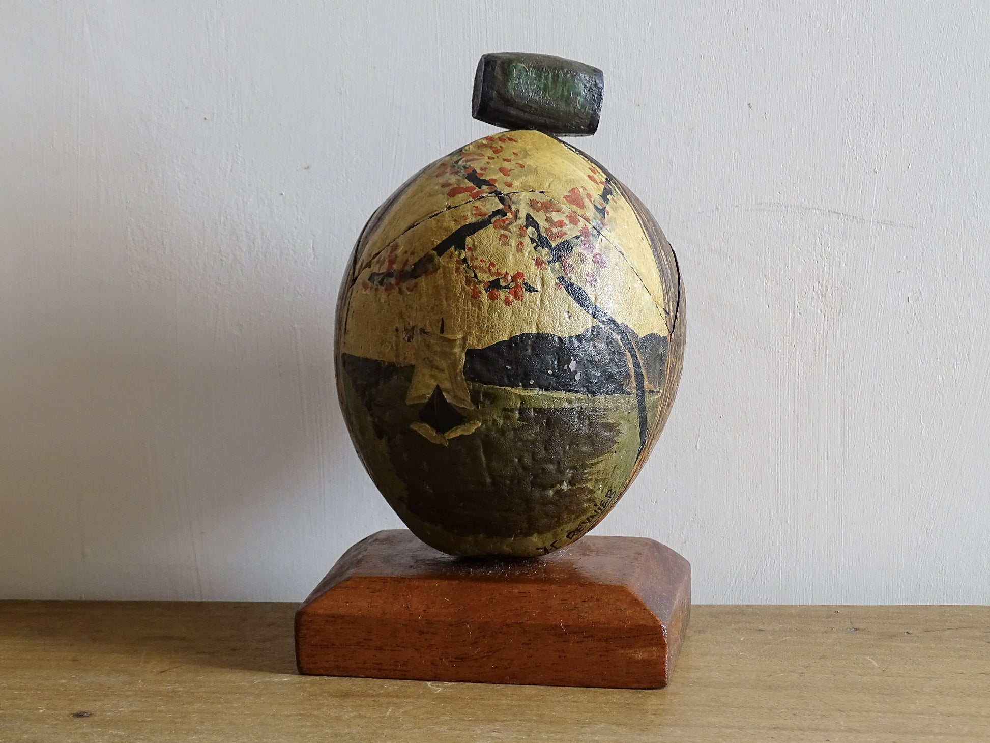 Vintage Coconut Souvenir Trinket Box with a Painted Beach Scene