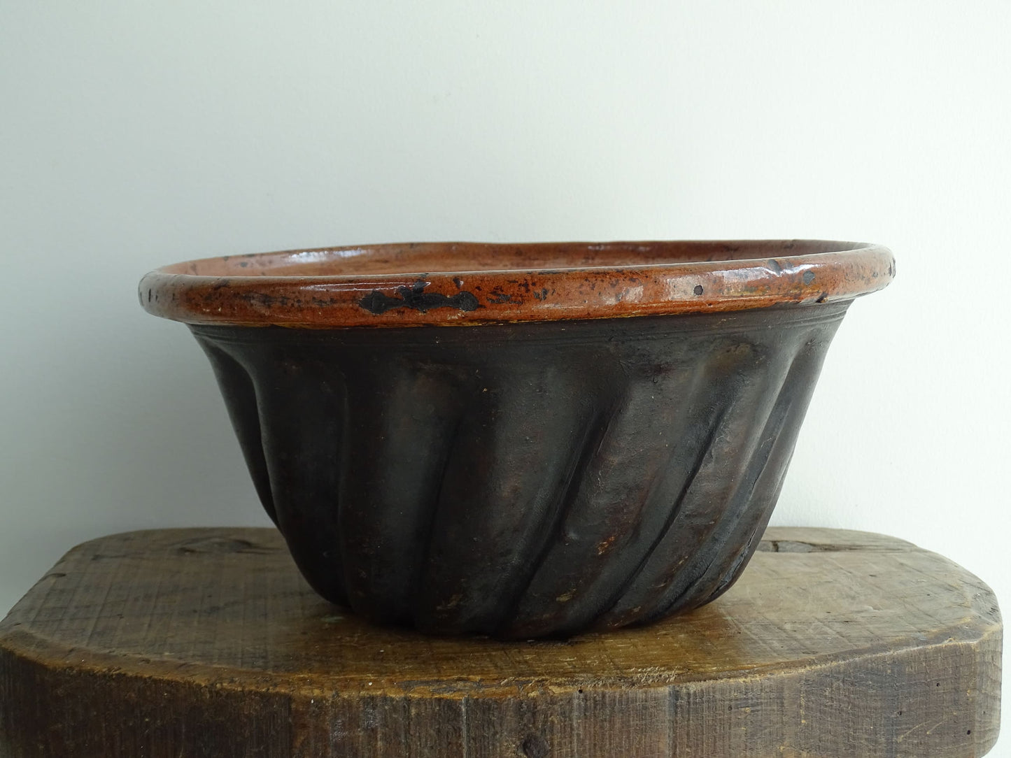 French antique Kougelhopf Mould from Alsace with deep orange glaze