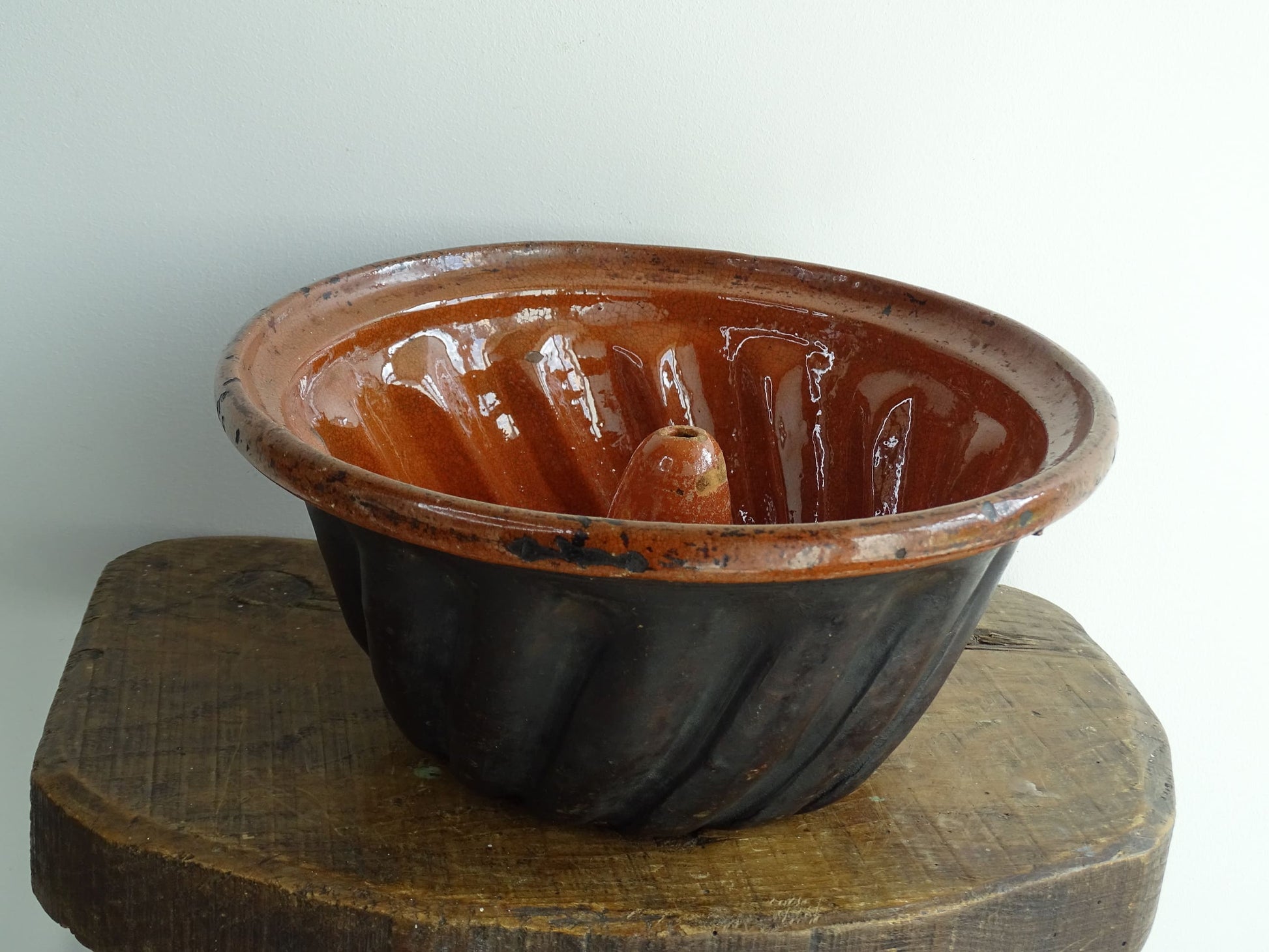 French antique Kougelhopf Mould from Alsace with deep orange glaze