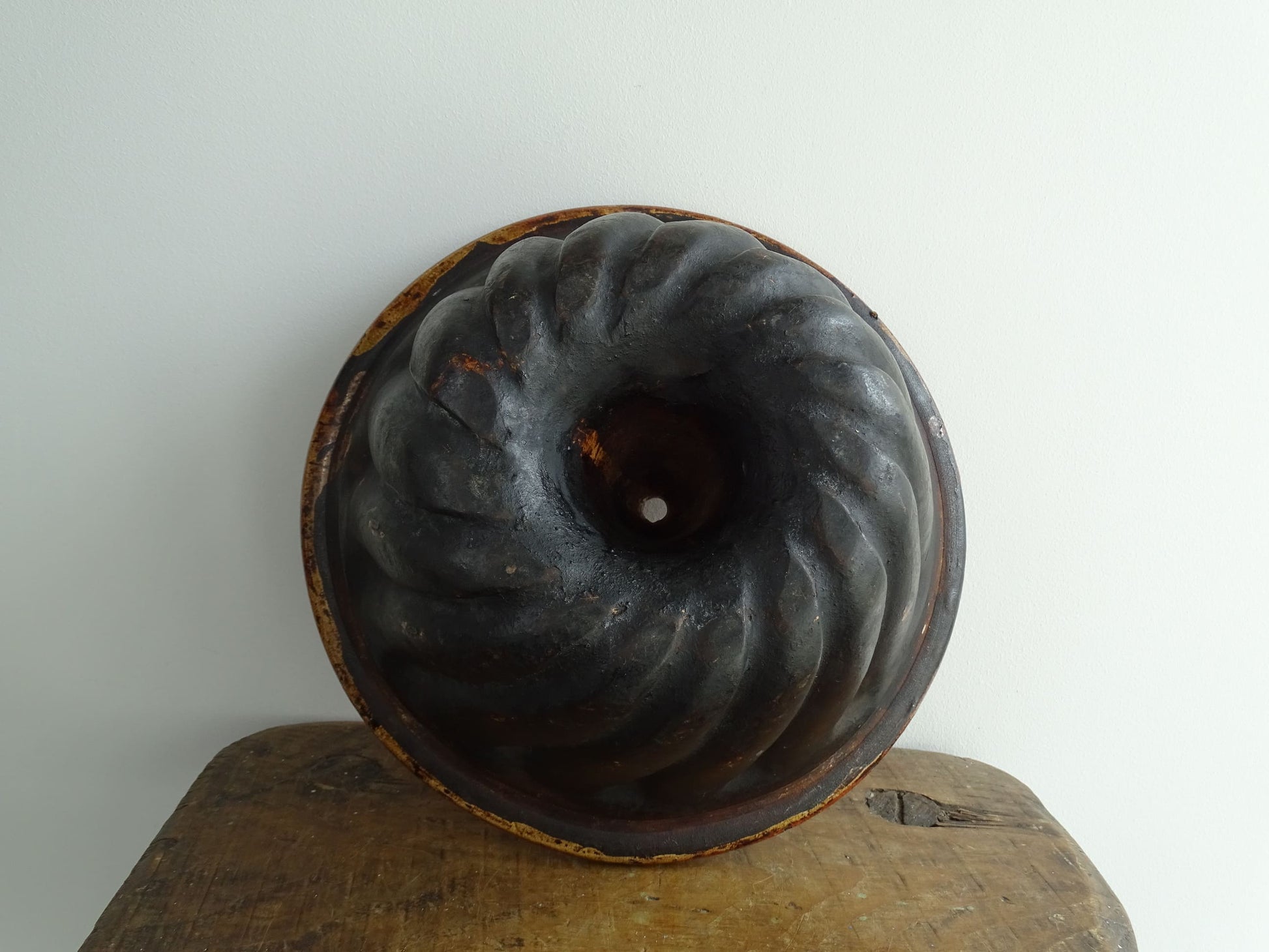 French antique Kougelhopf Mould from Alsace with deep orange glaze