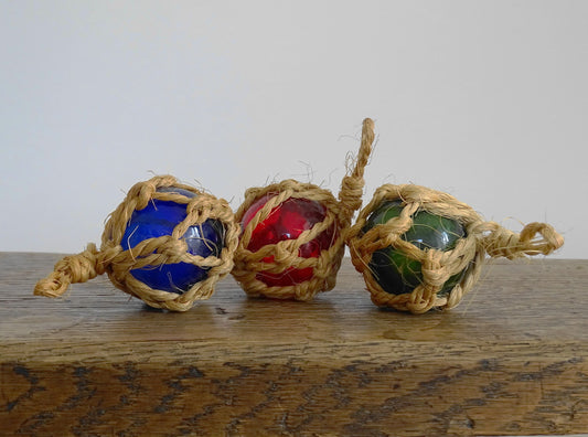 Collection of Small Vintage French Glass Buoys in Blue, Red and Green