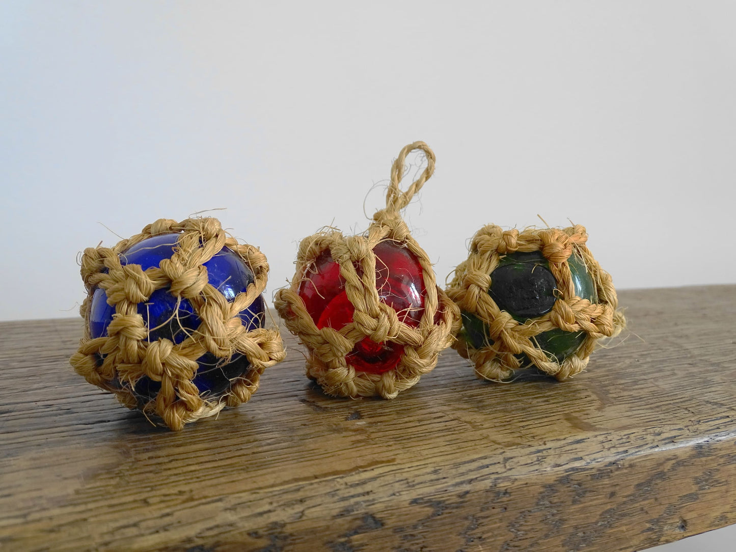 Collection of Small Vintage French Glass Buoys in Blue, Red and Green