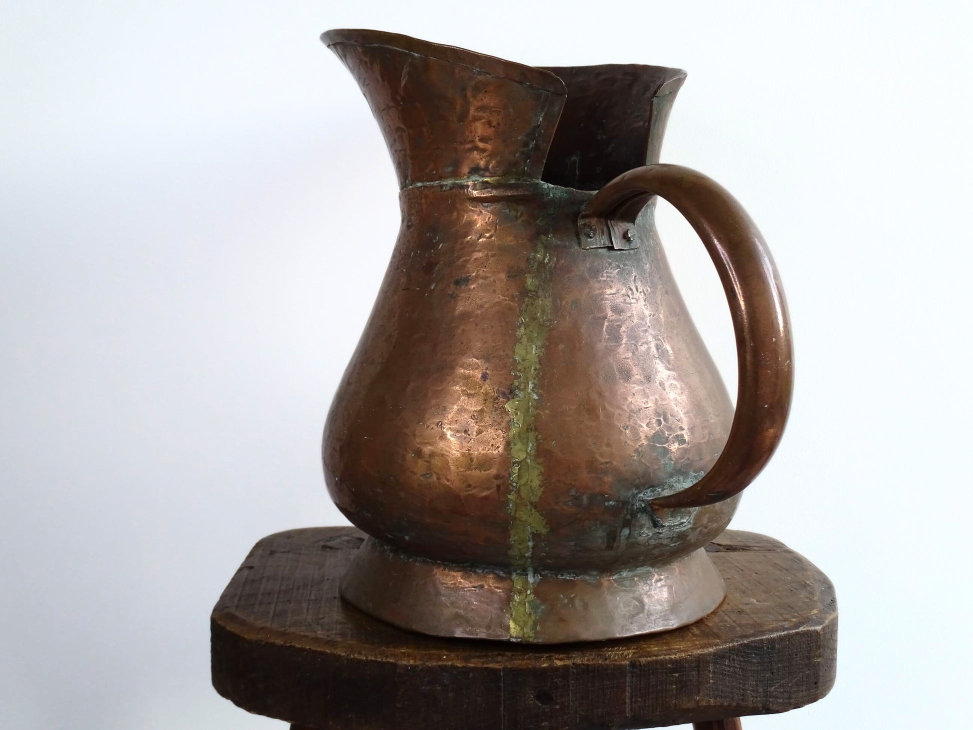 French antique copper pitcher with hammered copper body