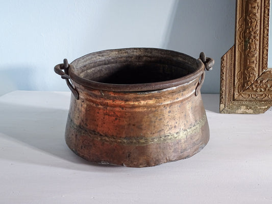 French antique copper cauldron with wrought iron handle