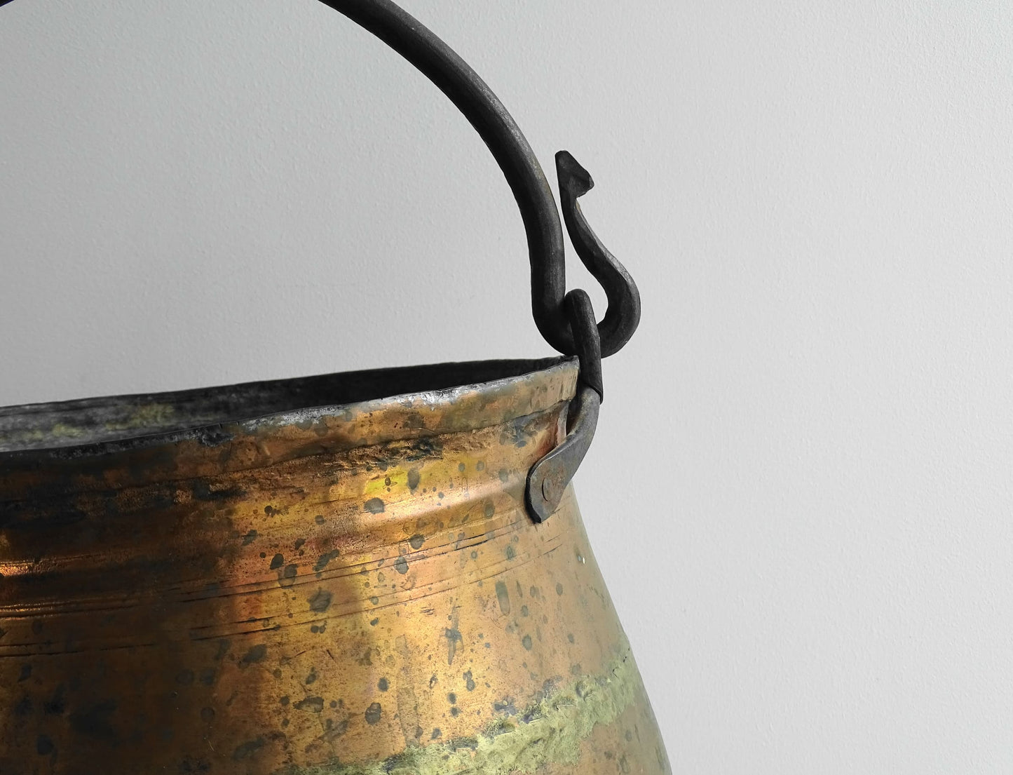 French antique copper cauldron or cooking pot with wrought iron handle