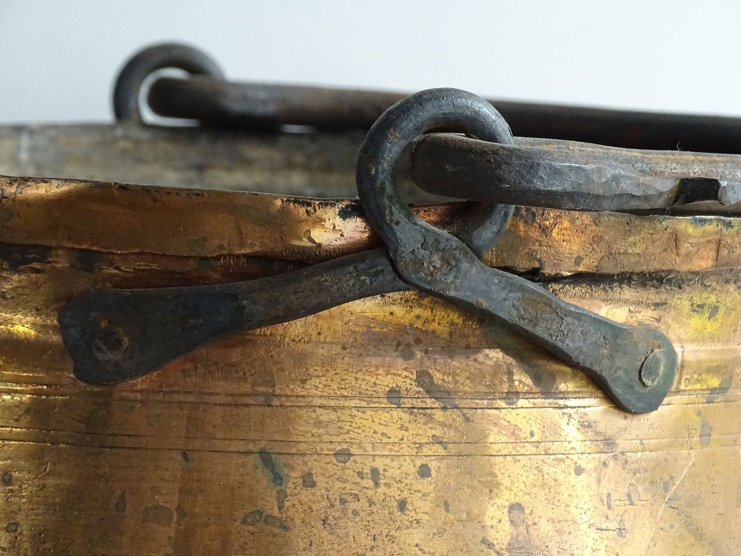 French antique copper cauldron or cooking pot with wrought iron handle