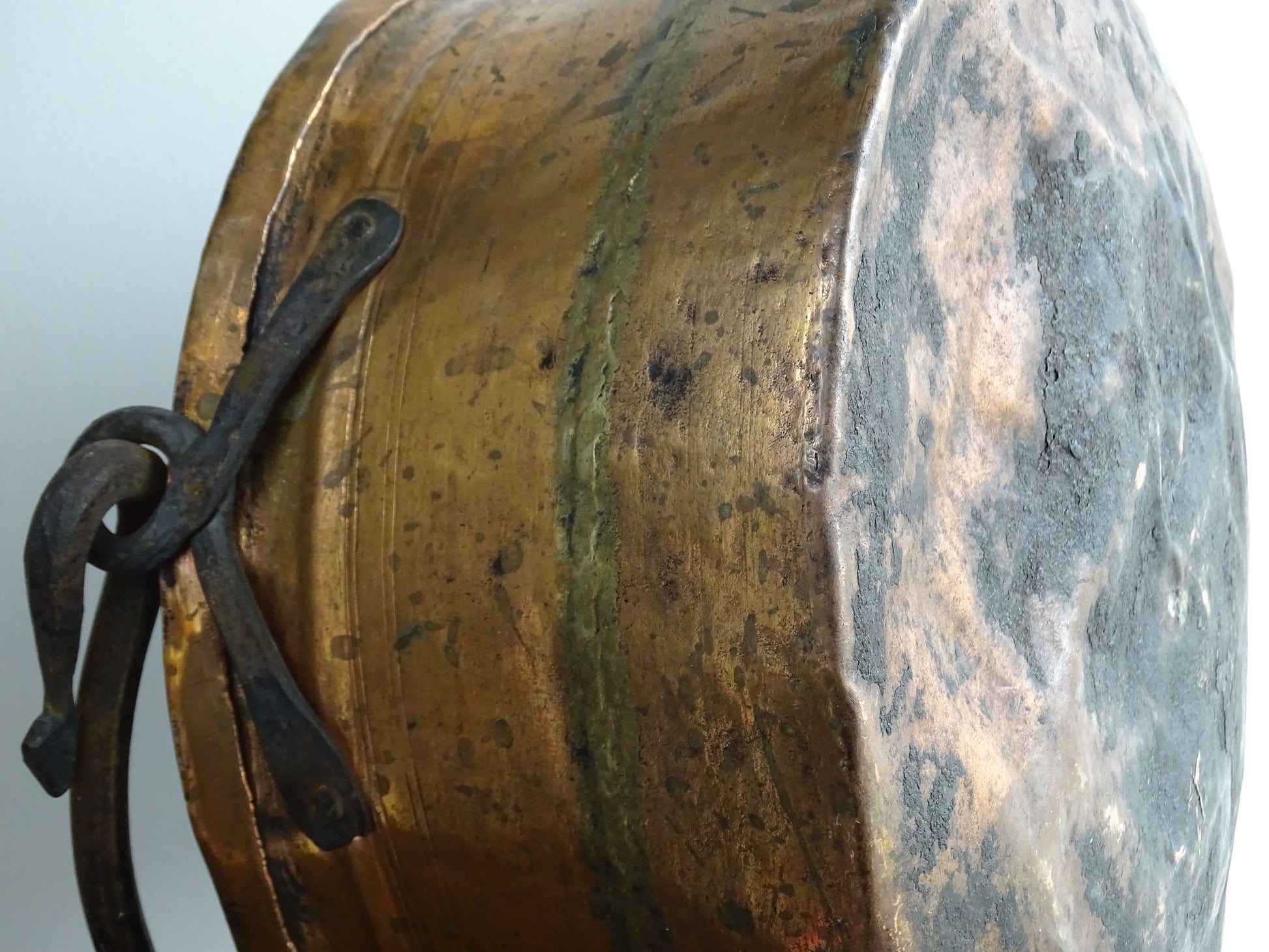 French antique copper cauldron or cooking pot with wrought iron handle