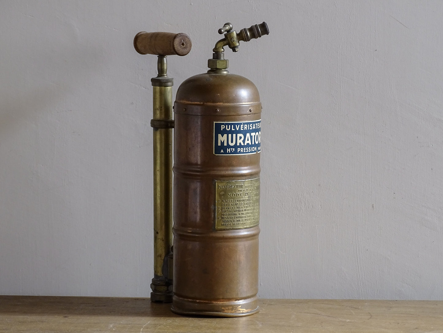 French antique copper plant sprayer with brass spout and wooden handle