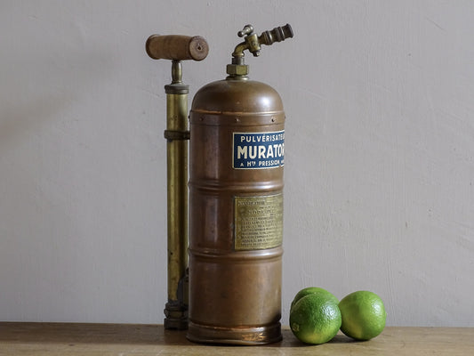 French antique copper plant sprayer with brass spout and wooden handle