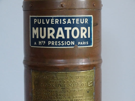 French antique copper plant sprayer or Pulvérisateur. Copper garden sprayer for industrial decorative accent.