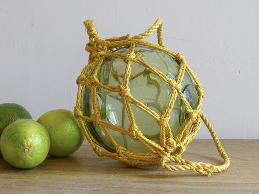 French vintage glass buoy in green glass, handblown glass float with yellow rope