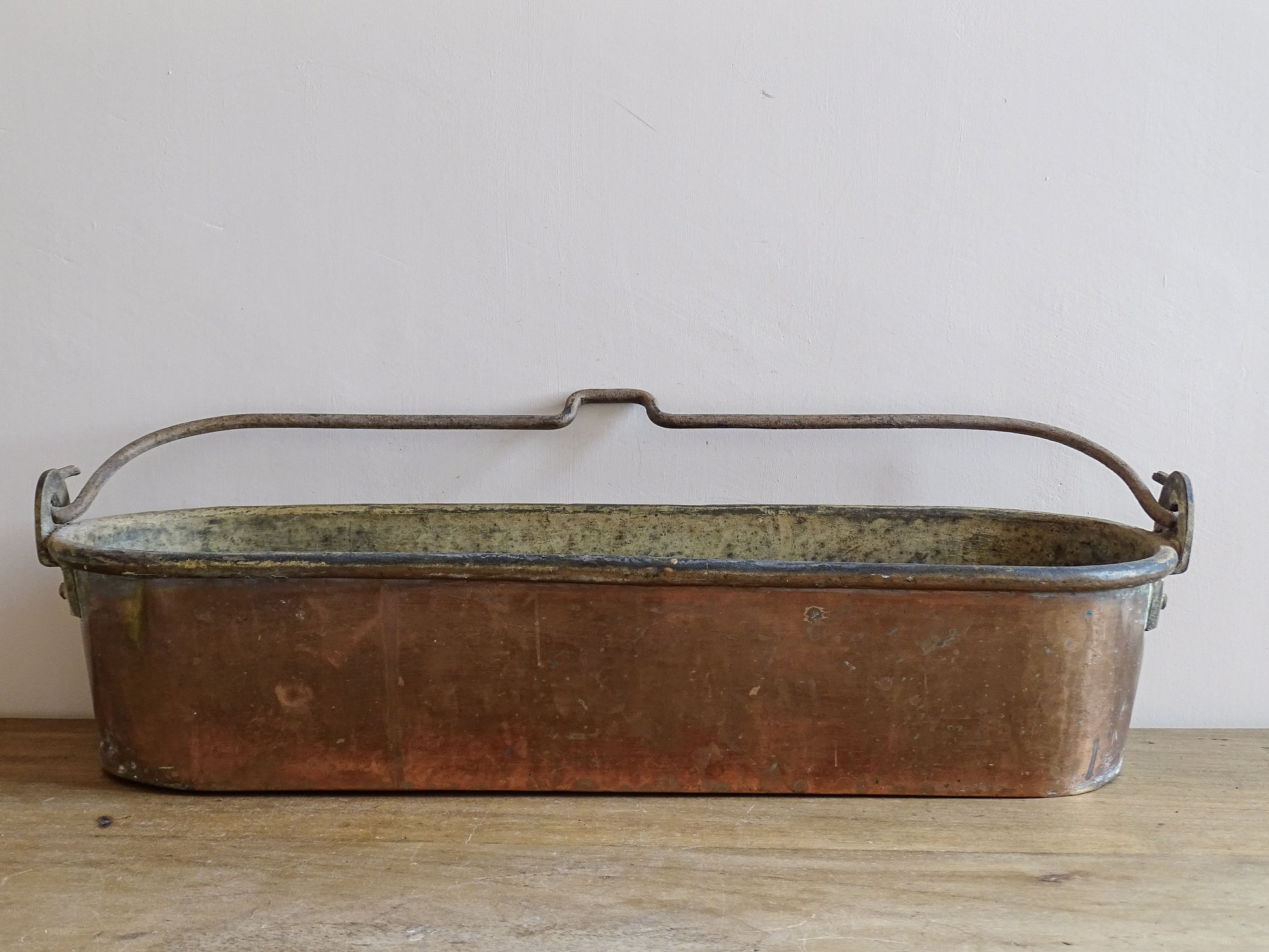 French Antique Copper Fish Pan or Poissonnière with Wrought Iron Handle and brass fittings, Fish Kettle or Fish Poacher 