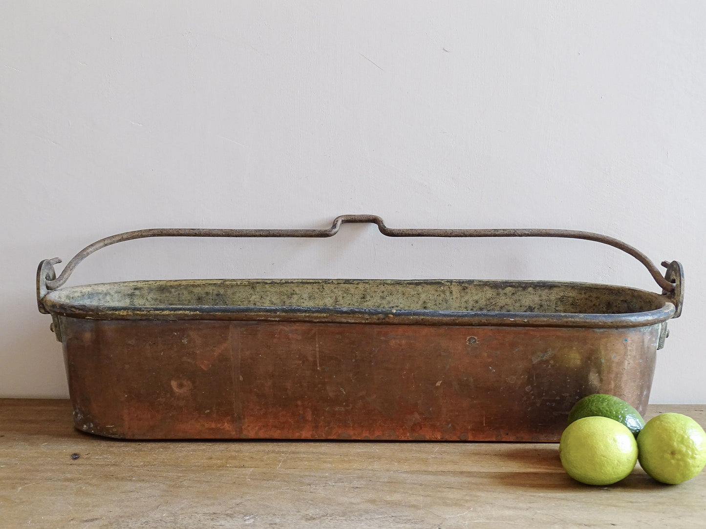 French Antique Copper Fish Pan or Poissonnière with Wrought Iron Handle and brass fittings, Fish Kettle or Fish Poacher 