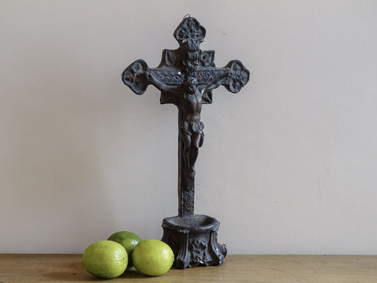 French antique benitier cross in plaster. Altar crucifix or altar cross with the basin (benitier) at the base.