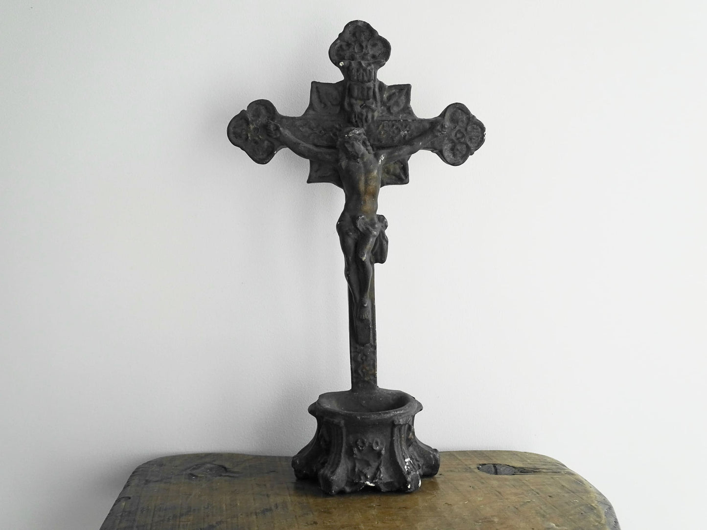 French antique benitier cross in plaster. Altar crucifix or altar cross with the basin (benitier) at the base.