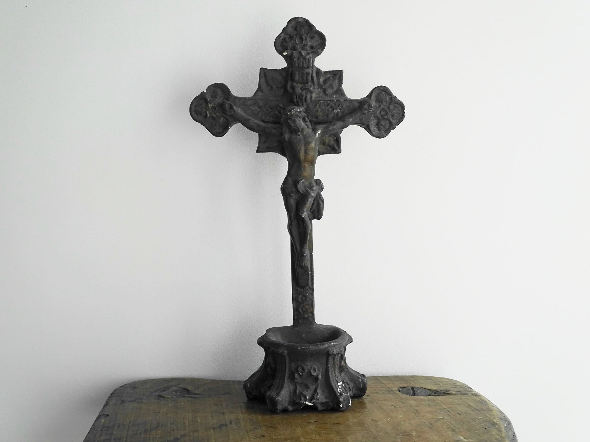 French antique benitier cross in plaster. Altar crucifix or altar cross with the basin (benitier) at the base.