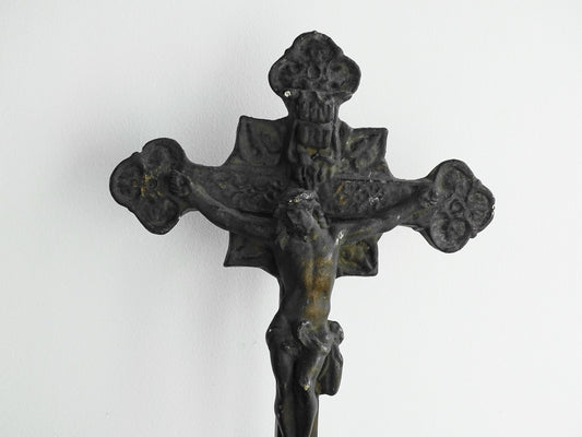 French antique benitier cross in plaster. Altar crucifix or altar cross with the basin (benitier) at the base.