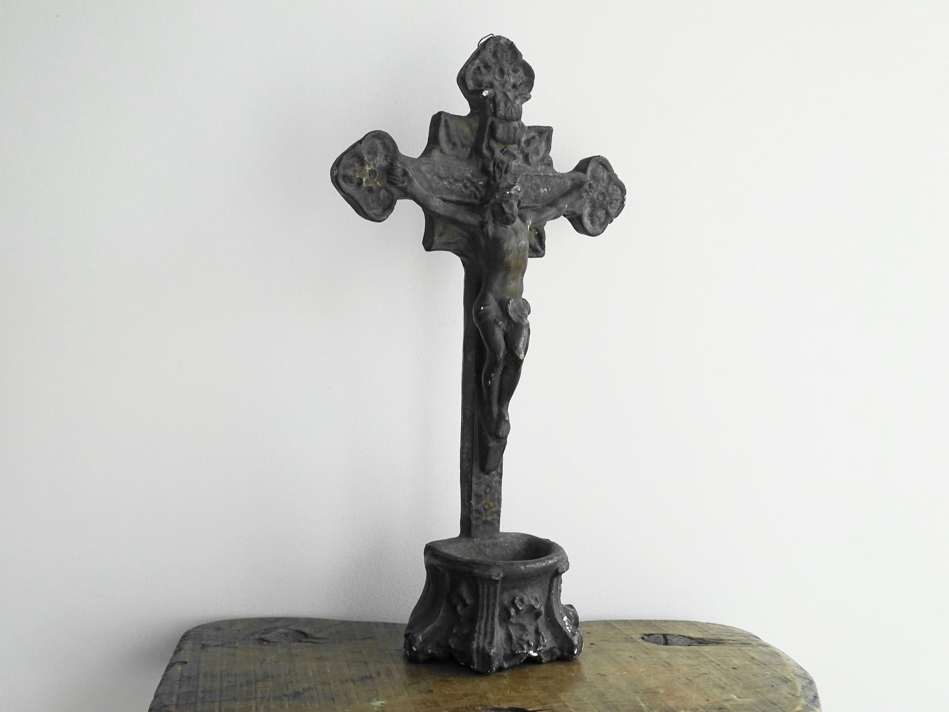 French antique benitier cross in plaster. Altar crucifix or altar cross with the basin (benitier) at the base.