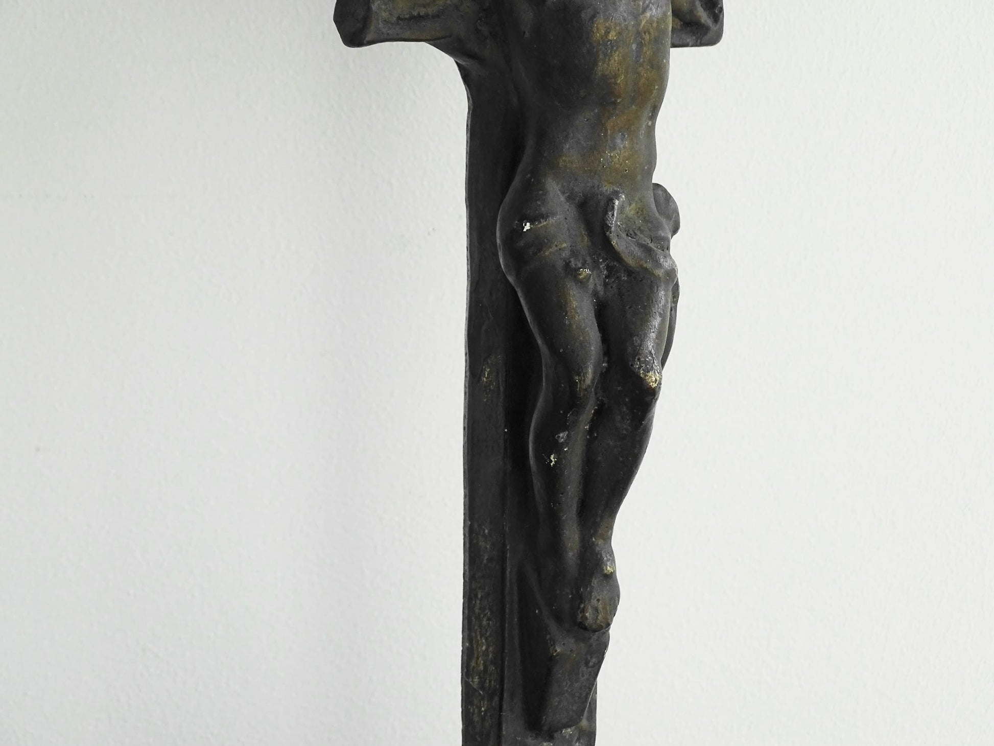 French antique benitier cross in plaster. Altar crucifix or altar cross with the basin (benitier) at the base.