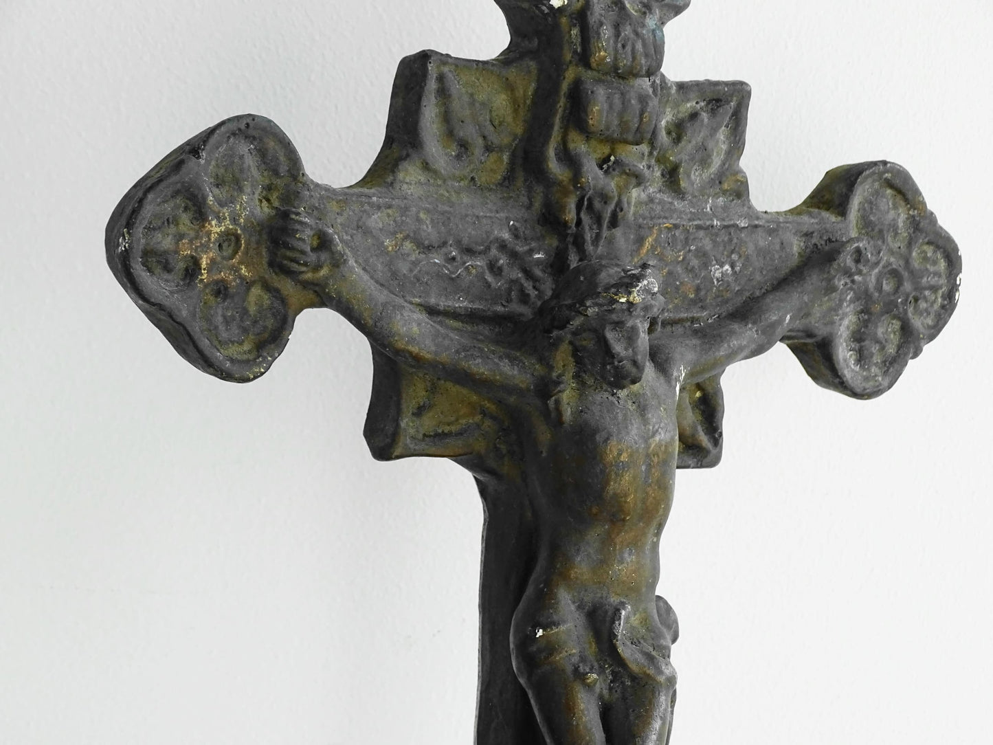 French antique benitier cross in plaster. Altar crucifix or altar cross with the basin (benitier) at the base.