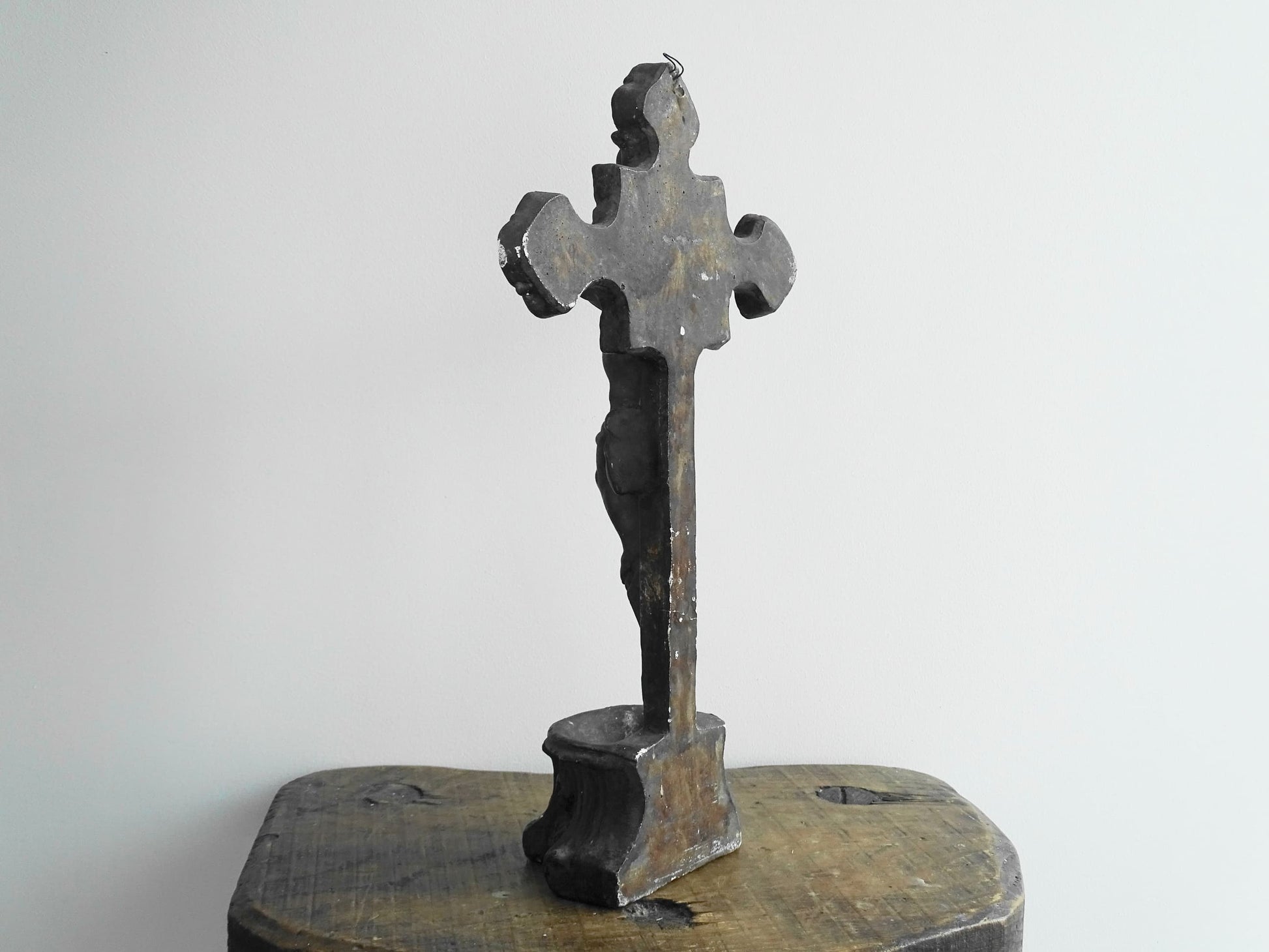 French antique benitier cross in plaster. Altar crucifix or altar cross with the basin (benitier) at the base.