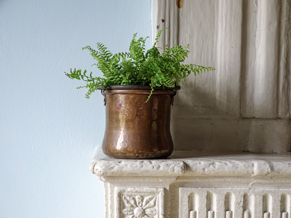 Small French antique copper cauldron or pot with wrought iron handle, displayed with a fern on a country house fireplace next to a pale blue wall