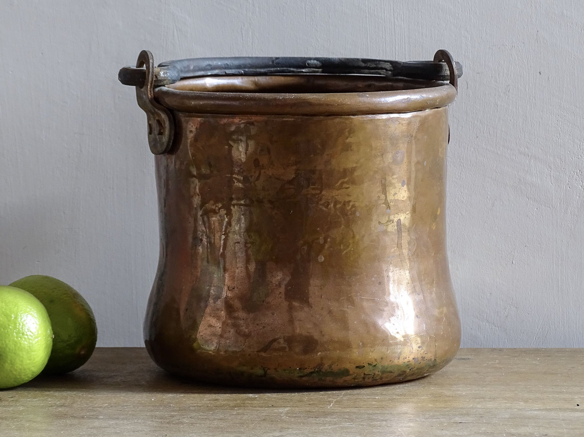 Small Antique Copper Cauldron or Cooking Pot with Wrought Iron Handle