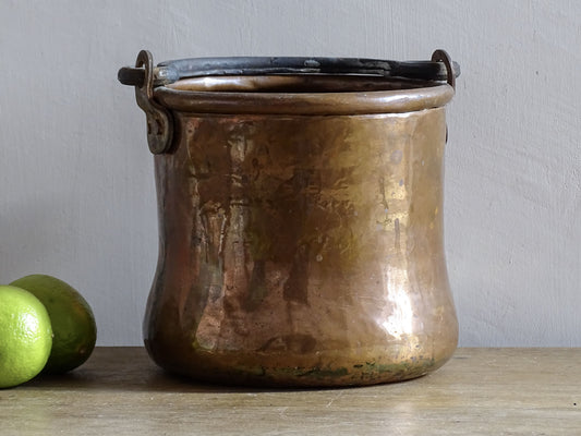 Small Antique Copper Cauldron or Cooking Pot with Wrought Iron Handle