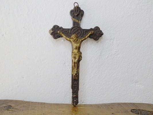 Antique French Crucifix in Wood and Plaster Painted Gold