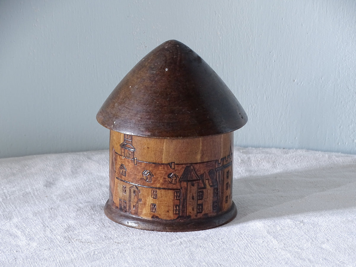 French vintage round wooden trinket box as a souvenir
