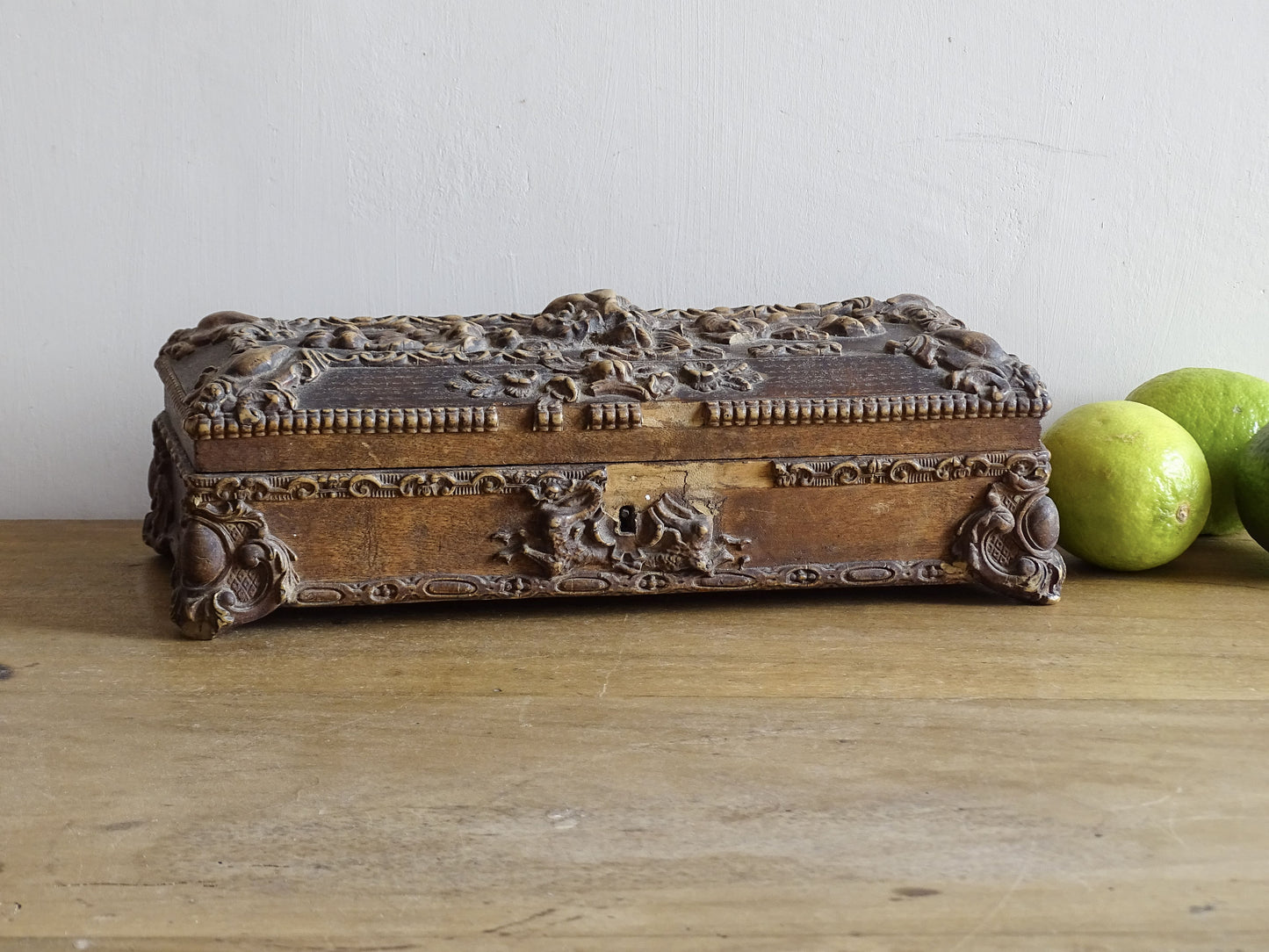 French antique glove box. Wooden box with intricate carvings timeworn patina for antique bedroom decor